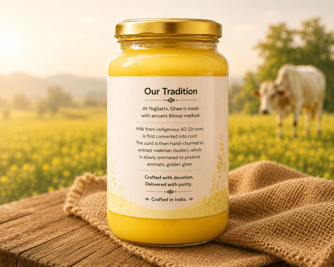 YogSattv jar showing the Our Tradition label, on a wooden table with a Gir cow in a mustard field behind