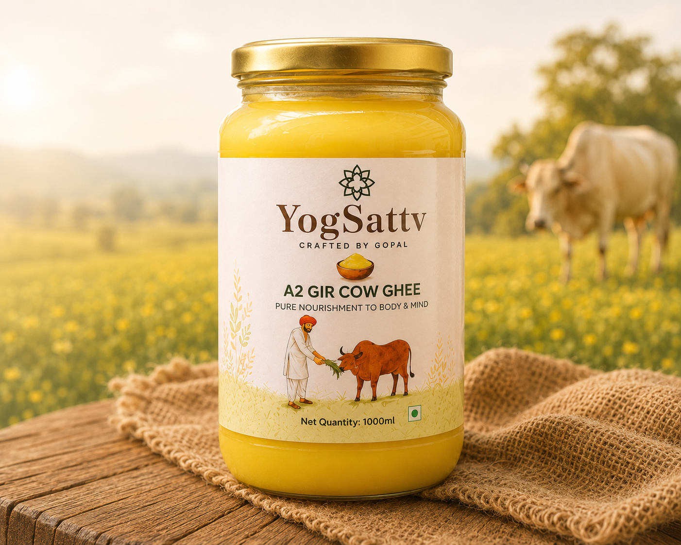 YogSattv A2 Gir Cow Ghee jar on a wooden table with a Gir cow grazing in a sunlit mustard field