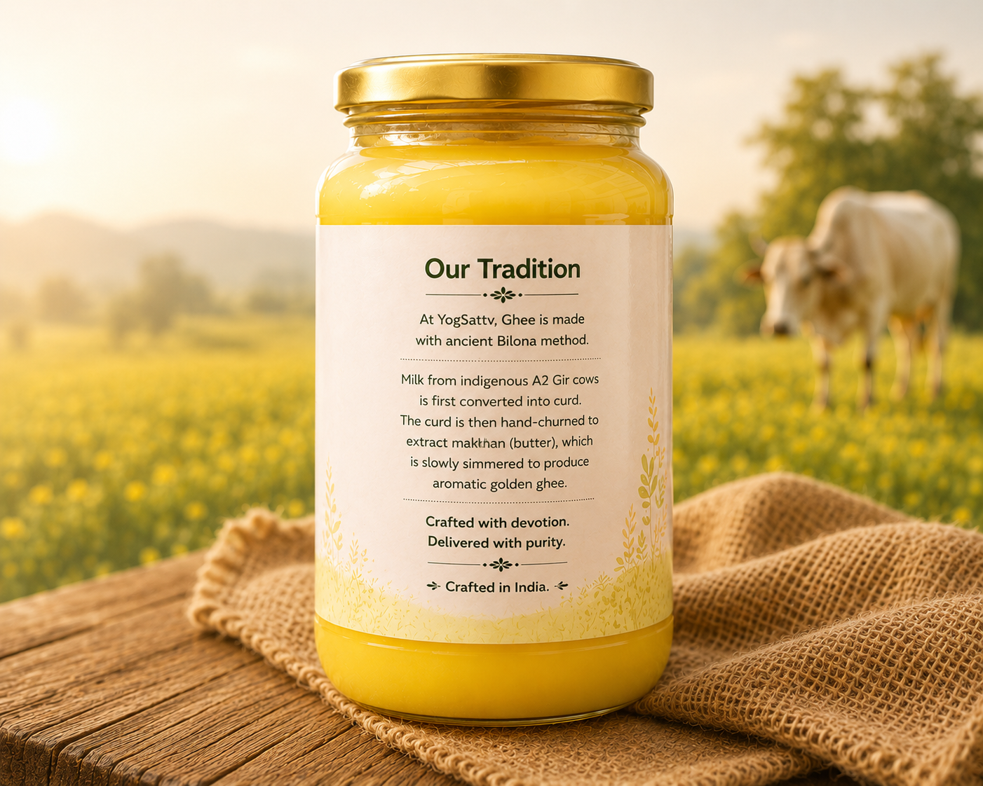 YogSattv jar showing the Our Tradition label, on a wooden table with a Gir cow in a mustard field behind